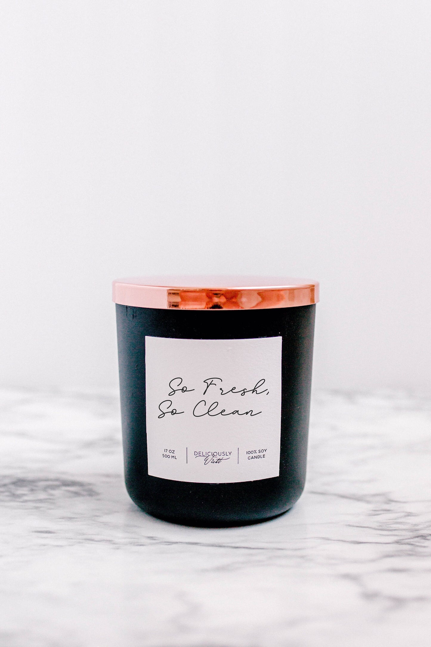 So Fresh & So Clean 17oz Soy Candle in Matte Black | Rose Gold Lid and Double Cotton Wicks Modern Luxury Decor Eco-Friendly Scented Candle