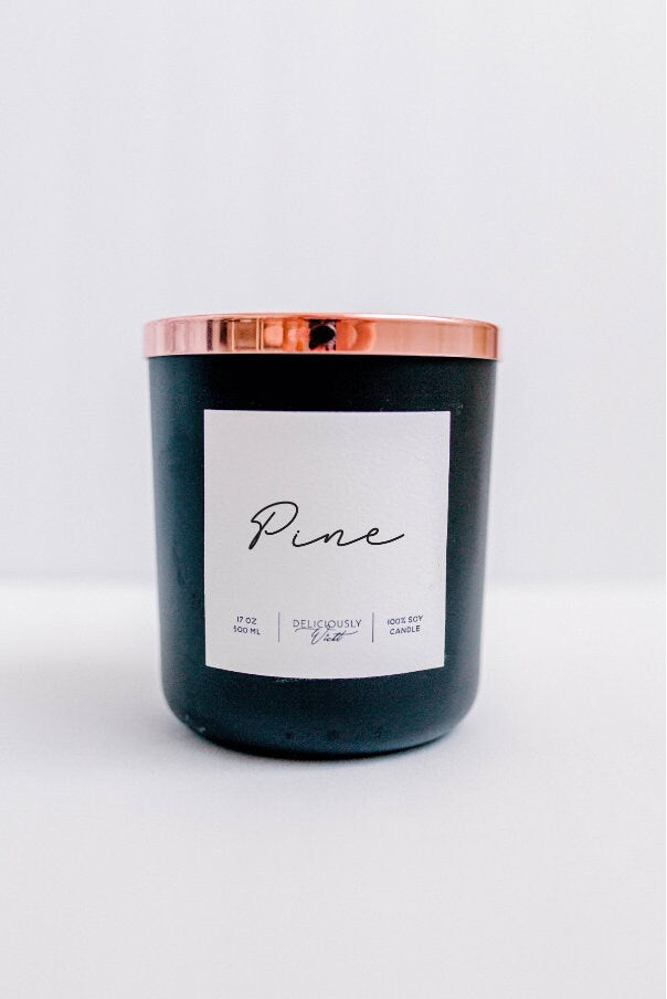 Pine 17oz Soy Candle in Matte Black Rose Gold Lid & Double Cotton Wicks Modern Luxury Decor Eco-Friendly Earthy Woodsy Scented Candle