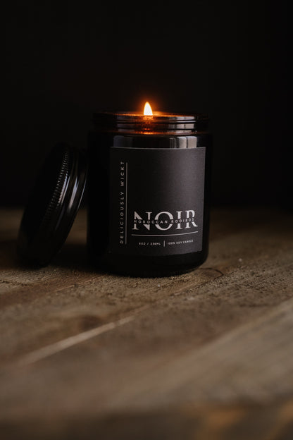 NOIR Moroccan Rooibos Scented 8oz Soy Candle in Glossy Black Masculine Candle Husband Gift Father’s Day Gift Idea Manly Candle Scent