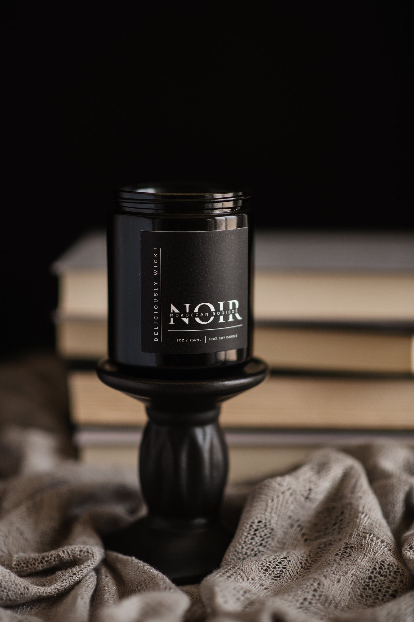 NOIR Moroccan Rooibos Scented 8oz Soy Candle in Glossy Black Masculine Candle Husband Gift Father’s Day Gift Idea Manly Candle Scent