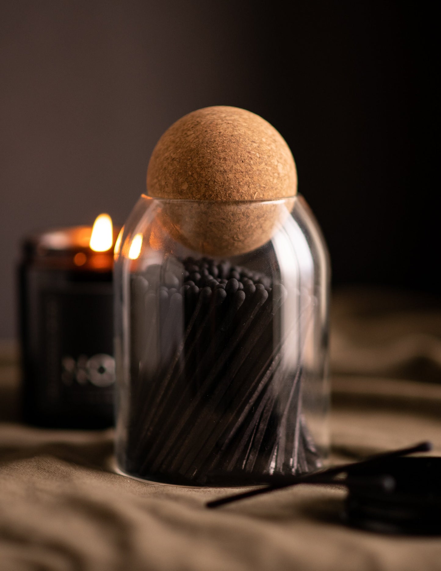 200 All Black Long Matches in Glass Bottle with Round Cork Stopper Unique Candle Accessories Home Decor Black Accessories Monochrome Style